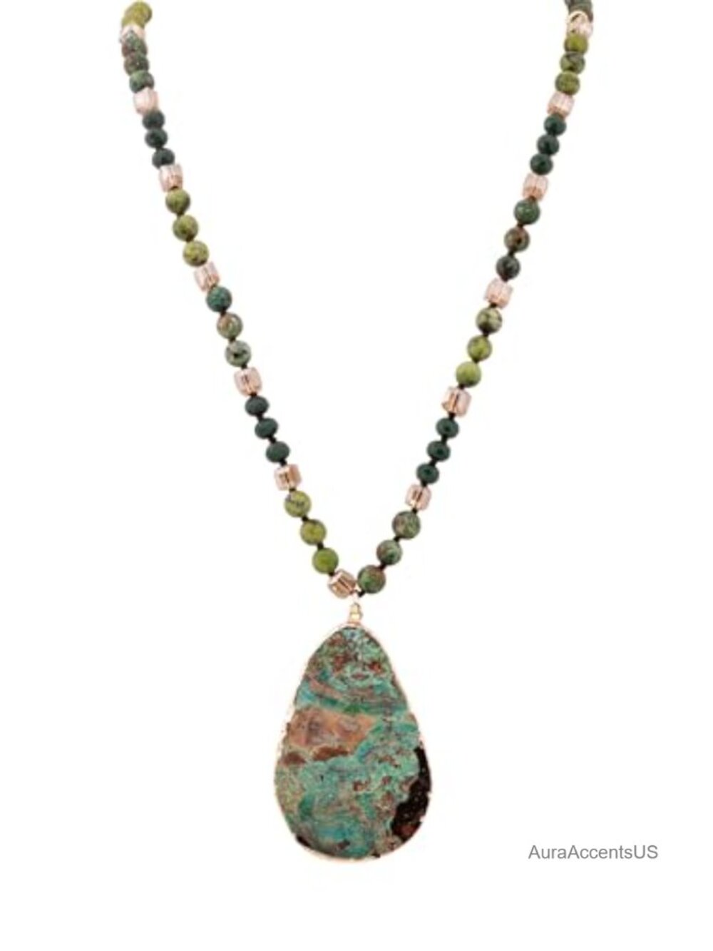 Handmade Agate Pebble Pendant Necklace with Crystal Beads Vintage Boho